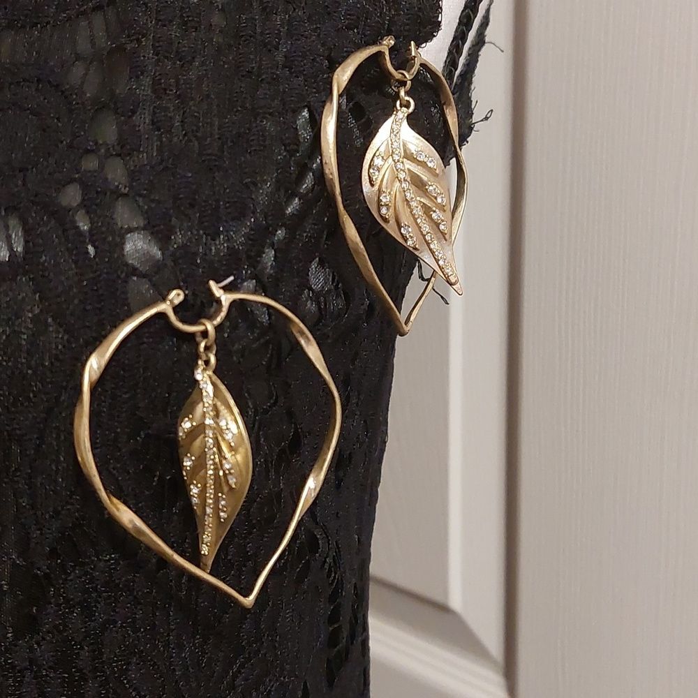 Rhinestone Embellished Gold Tone Leaf Pointy Hoop Pierce Earrings